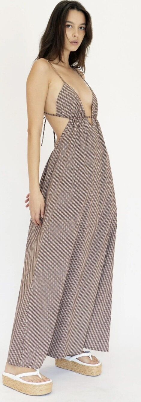 Third Form Maxi Dress Wonder Brown Stripe Boho Vacay Beach Retro Size 12 NWT